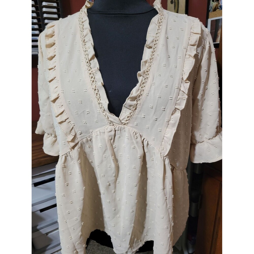 SHEIN Cream Ruffle V-Neck Peasant Blouse